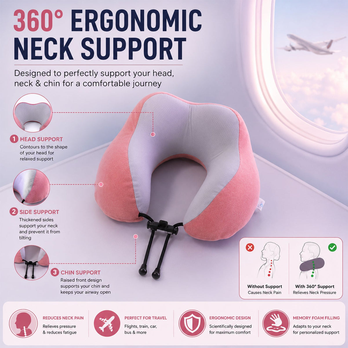 U Shaped Travel Neck Pillow With Adjustable Closure For Comfortable Trips (1 Pc)